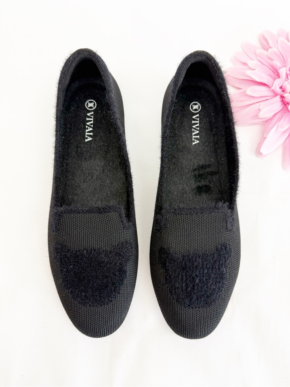 Vivaia Audrey Round-Toe Faux Mink-Knit Loafers Fuzzy Bear Black